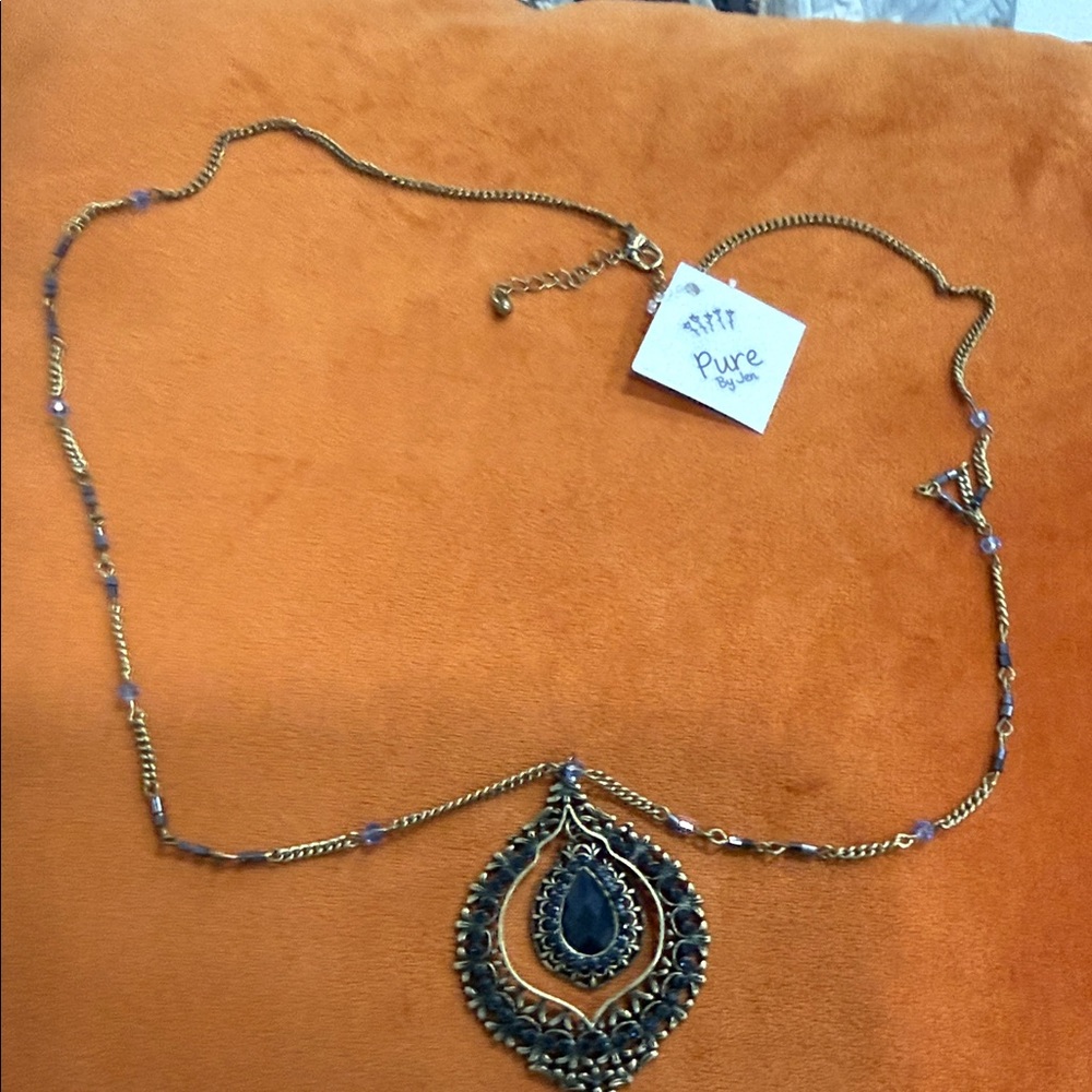 Blue Crystal Antique Gold Pendant Necklace 18”